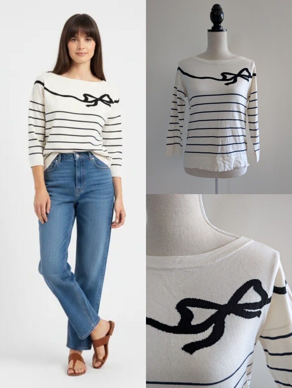 Like New Weekend Max Mara Silk Cotton Blend Striped Sweater with Bow Accent